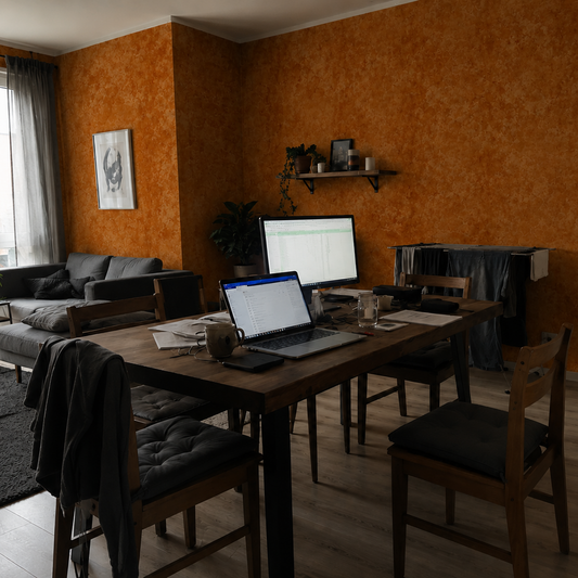 Essbereich mit Homeoffice-Tisch, Laptop und Monitor.
Im Hintergrund: Sofa, Wäscheständer und orangebraune Strukturtapete.