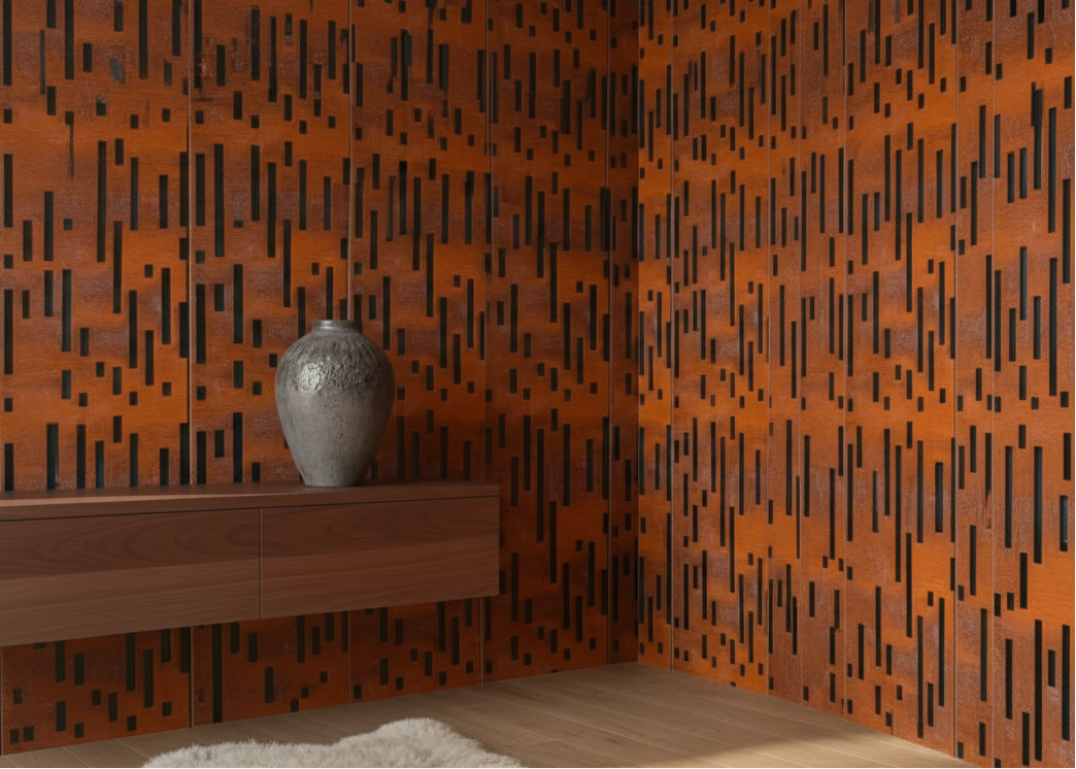 Vase auf Schrank vor Metallwand