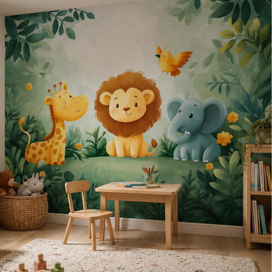 Fototapete Kinderzimmer Dschungelbabys Elefant Loewe