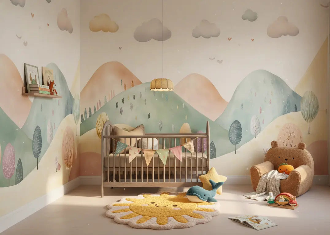 Fototapete Kinderzimmer Pastell-Huegellandschaft – Eine verträumte Aquarell-Landschaft mit sanft geschwungenen Hügeln in M...