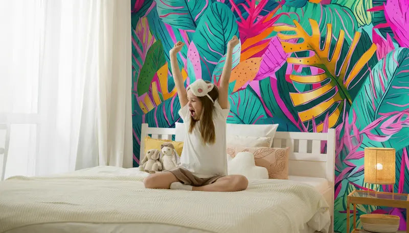 Dschungel Tapete TropiPop Wilde Früchte im Kinderzimmer – bunte tropische Blätter