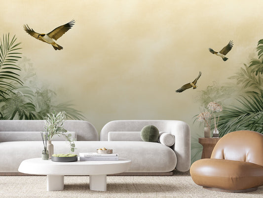 Fototapete Golden Canopy » tropische Leichtigkeit & fliegende Vögel für natürliche Wohlfühlräume  schneller Versand  Made in Germany von PCC FoliaConcept
