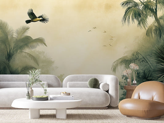 Fototapete Jungle Haze » mystische Tropenstimmung & fliegende Vögel für stilvolle Wohnräume  schneller Versand  Made in Germany von PCC FoliaConcept