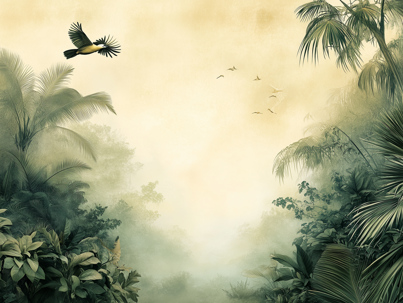 Fototapete Jungle Haze » mystische Tropenstimmung & fliegende Vögel für stilvolle Wohnräume  schneller Versand  Made in Germany von PCC FoliaConcept