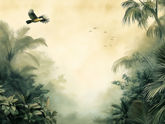 Fototapete Jungle Haze » mystische Tropenstimmung & fliegende Vögel für stilvolle Wohnräume  schneller Versand  Made in Germany von PCC FoliaConcept