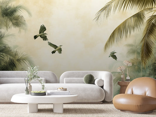 Fototapete Palm Harmony » tropisches Palmenmotiv & fliegende Vögel für entspannte Raumkonzepte  schneller Versand  Made in Germany von PCC FoliaConcept