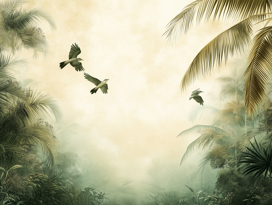 Fototapete Palm Harmony » tropisches Palmenmotiv & fliegende Vögel für entspannte Raumkonzepte  schneller Versand  Made in Germany von PCC FoliaConcept