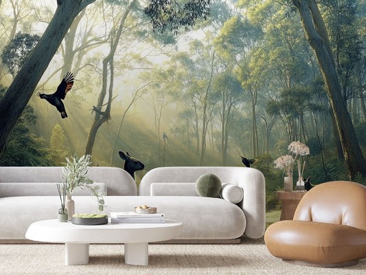 Fototapete Wildlight Forest » australische Waldszenerie mit Kängurus & Sonnenlicht für natürliche Raumtiefe  schneller Versand  Made in Germany von PCC FoliaConcept