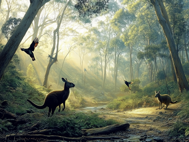 Fototapete Wildlight Forest » australische Waldszenerie mit Kängurus & Sonnenlicht für natürliche Raumtiefe  schneller Versand  Made in Germany von PCC FoliaConcept