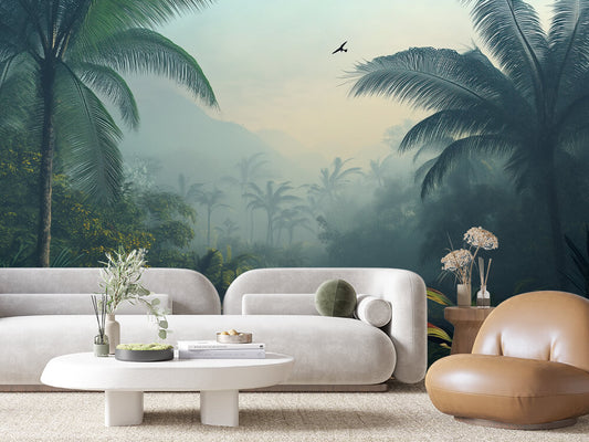 Fototapete Misty Tropics » tropischer Urwald im Morgennebel für tiefe & beruhigende Raumwirkung  schneller Versand  Made in Germany von PCC FoliaConcept