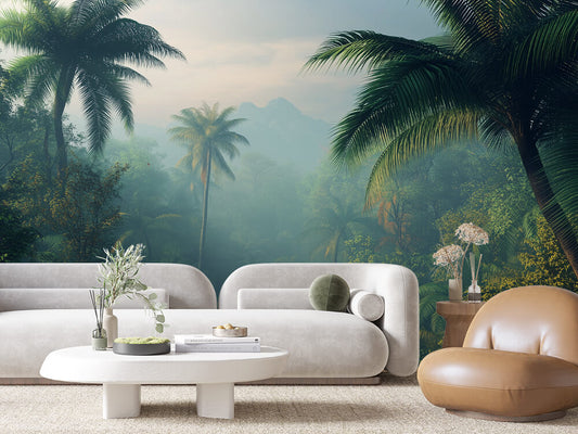 Fototapete Jungle Serenity » dichter Regenwald & sanftes Morgenlicht für grüne Ruheoasen  schneller Versand  Made in Germany von PCC FoliaConcept