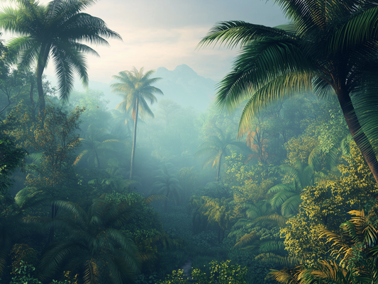 Fototapete Jungle Serenity » dichter Regenwald & sanftes Morgenlicht für grüne Ruheoasen  schneller Versand  Made in Germany von PCC FoliaConcept