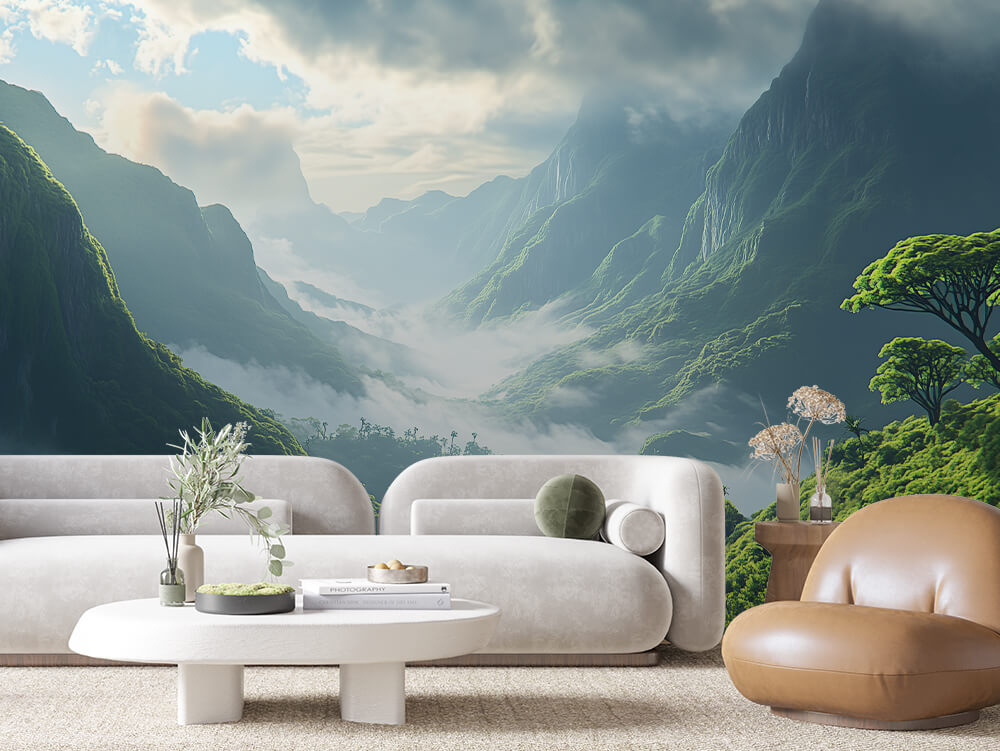 Fototapete Emerald Valley » grüne Berglandschaft mit Nebel & Lichtspiel für eindrucksvolle Raumwirkung  schneller Versand  Made in Germany von PCC FoliaConcept