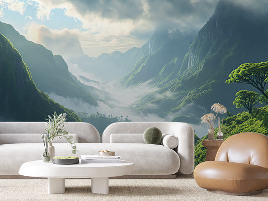Fototapete Emerald Valley » grüne Berglandschaft mit Nebel & Lichtspiel für eindrucksvolle Raumwirkung  schneller Versand  Made in Germany von PCC FoliaConcept