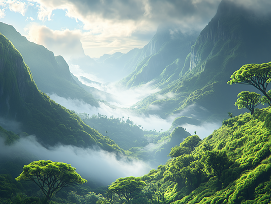 Fototapete Emerald Valley » grüne Berglandschaft mit Nebel & Lichtspiel für eindrucksvolle Raumwirkung  schneller Versand  Made in Germany von PCC FoliaConcept