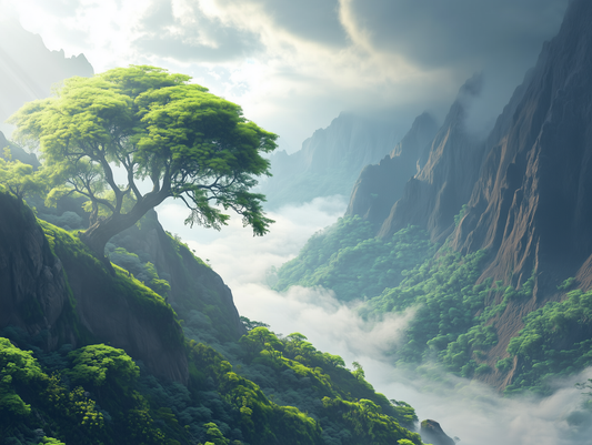 Fototapete Spirit Tree » ikonischer Baum über mystischem Bergtal für ruhige & bedeutungsvolle Raumwirkung  schneller Versand  Made in Germany von PCC FoliaConcept