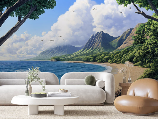 Fototapete Coastal Escape » tropischer Sandstrand & Bergkulisse für sonnige Wohlfühlräume  schneller Versand  Made in Germany von PCC FoliaConcept