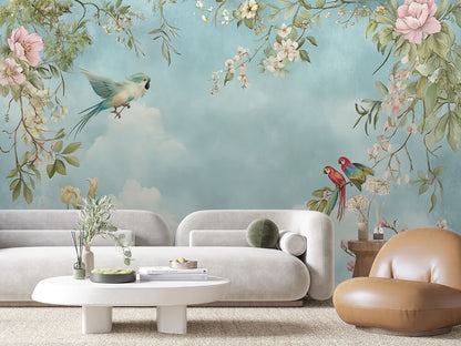 Fototapete Floral Skies » verspielte Vögel & florale Leichtigkeit für träumerische Wandgestaltung  schneller Versand  Made in Germany von PCC FoliaConcept