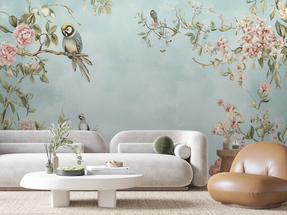 Fototapete Garden Song » zarte Vögel & blühende Äste für poetische Leichtigkeit an der Wand  schneller Versand  Made in Germany von PCC FoliaConcept