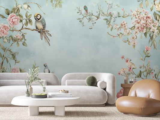 Fototapete Garden Song » zarte Vögel & blühende Äste für poetische Leichtigkeit an der Wand  schneller Versand  Made in Germany von PCC FoliaConcept