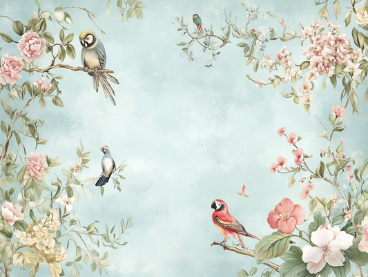 Fototapete Garden Song » zarte Vögel & blühende Äste für poetische Leichtigkeit an der Wand  schneller Versand  Made in Germany von PCC FoliaConcept