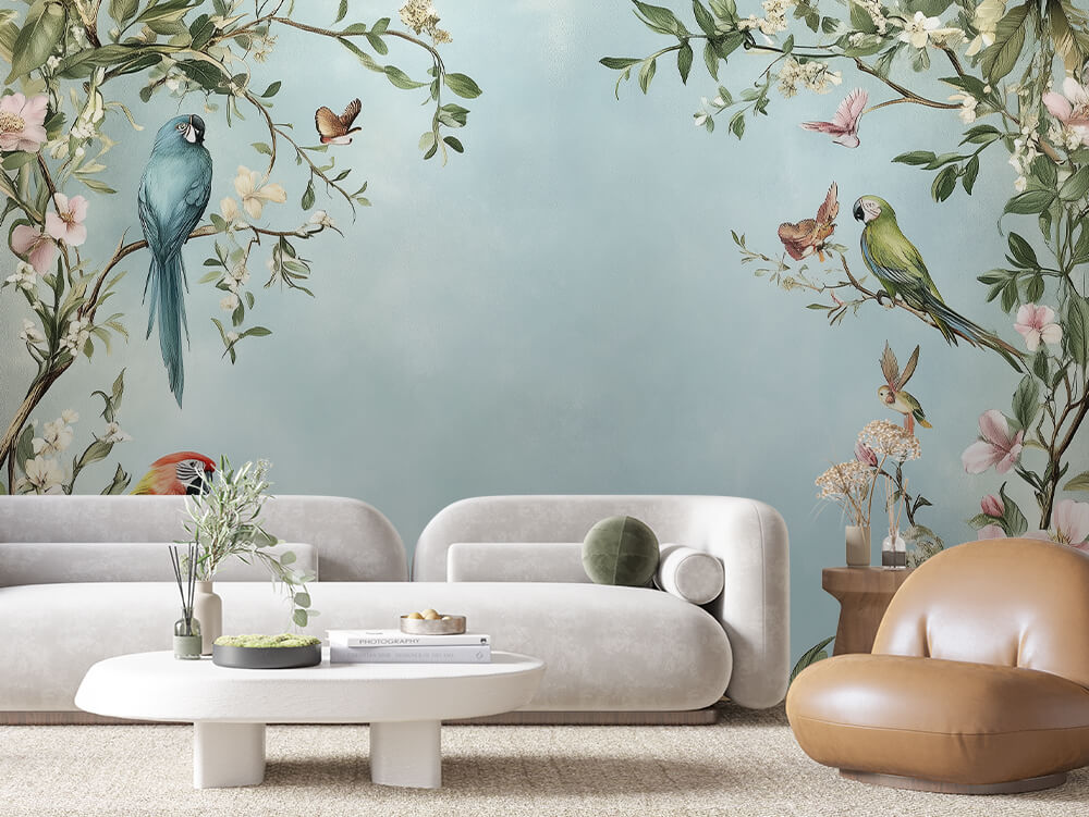 Fototapete Parrot Garden » tropische Vögel & zarte Blüten für lebendige Wandgestaltung  schneller Versand  Made in Germany von PCC FoliaConcept