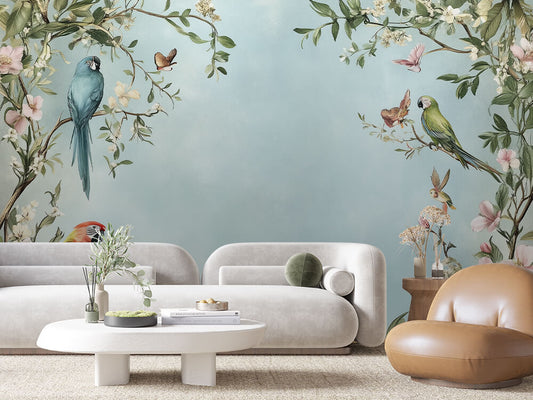 Fototapete Parrot Garden » tropische Vögel & zarte Blüten für lebendige Wandgestaltung  schneller Versand  Made in Germany von PCC FoliaConcept