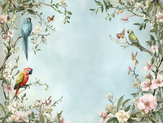 Fototapete Parrot Garden » tropische Vögel & zarte Blüten für lebendige Wandgestaltung  schneller Versand  Made in Germany von PCC FoliaConcept