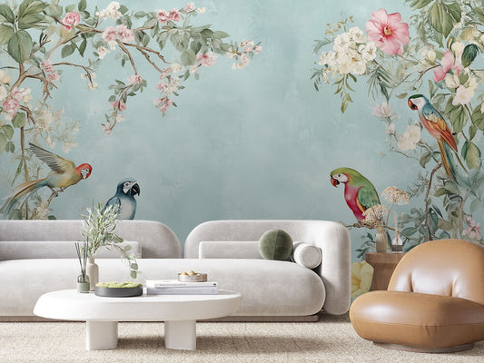 Fototapete Tropical Melody » exotische Papageien & florale Eleganz für fröhliche Raumgestaltung  schneller Versand  Made in Germany von PCC FoliaConcept