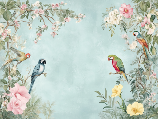 Fototapete Tropical Melody » exotische Papageien & florale Eleganz für fröhliche Raumgestaltung  schneller Versand  Made in Germany von PCC FoliaConcept