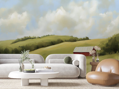 Fototapete Pasture Peace » sanfte Weidelandschaft mit Farmhaus für ländliche Ruhe & Natürlichkeit  schneller Versand  Made in Germany von PCC FoliaConcept