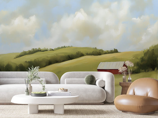 Fototapete Pasture Peace » sanfte Weidelandschaft mit Farmhaus für ländliche Ruhe & Natürlichkeit  schneller Versand  Made in Germany von PCC FoliaConcept