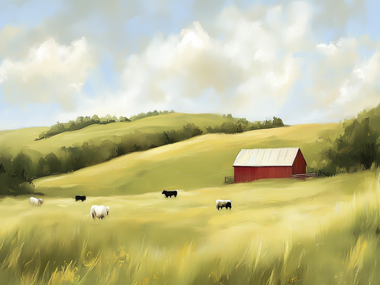 Fototapete Pasture Peace » sanfte Weidelandschaft mit Farmhaus für ländliche Ruhe & Natürlichkeit  schneller Versand  Made in Germany von PCC FoliaConcept