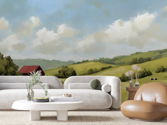 Fototapete Golden Fields » ländliche Hügellandschaft mit Weide & Farmhaus für gemütliche Natürlichkeit  schneller Versand  Made in Germany von PCC FoliaConcept
