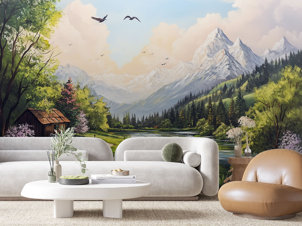 Fototapete Alpine Morning » malerische Berglandschaft mit See & Frühlingsblüten für stimmungsvolle Räume  schneller Versand  Made in Germany von PCC FoliaConcept