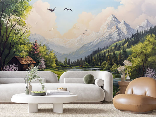 Fototapete Alpine Morning » malerische Berglandschaft mit See & Frühlingsblüten für stimmungsvolle Räume  schneller Versand  Made in Germany von PCC FoliaConcept
