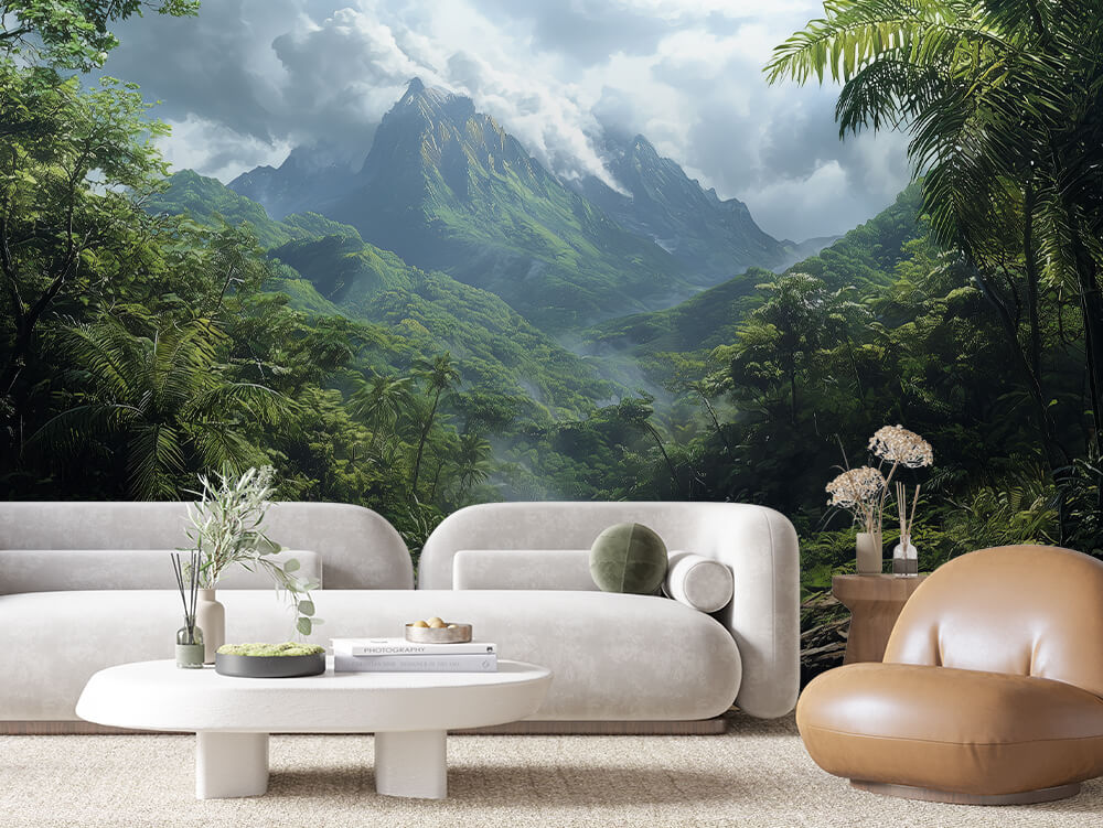 Fototapete Jungle Falls » tropischer Wasserlauf mit Urwald & Bergen für starke Naturwirkung im Raum  schneller Versand  Made in Germany von PCC FoliaConcept