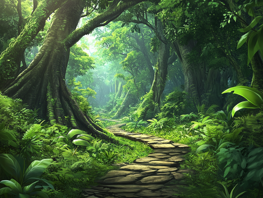 Fototapete Dschungelpfad » Tropischer Wald mit Steinweg für eine magische Raumwirkung  hochwertige Qualität  Made in Germany von PCC FoliaConcept