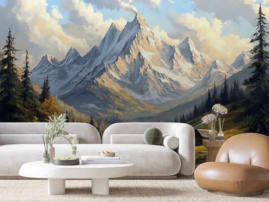 Fototapete Bergidylle im goldenen Licht » Alpenpanorama mit Hütte & Bach  Warme Naturfarben  Hochwertiger Kunstdruck – exklusiv bei PCC FoliaConcept