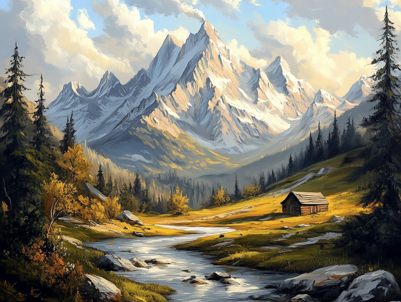 Fototapete Bergidylle im goldenen Licht » Alpenpanorama mit Hütte & Bach  Warme Naturfarben  Hochwertiger Kunstdruck – exklusiv bei PCC FoliaConcept