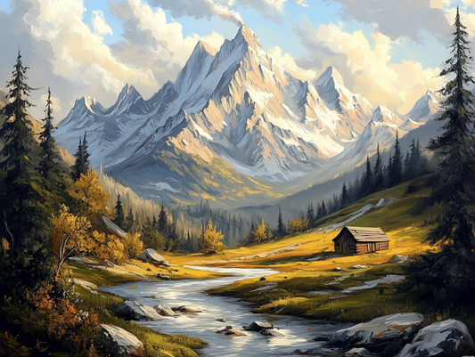 Fototapete Bergidylle im goldenen Licht » Alpenpanorama mit Hütte & Bach  Warme Naturfarben  Hochwertiger Kunstdruck – exklusiv bei PCC FoliaConcept