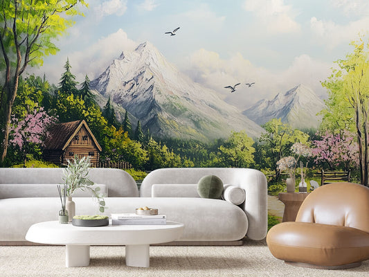 Fototapete Frühlingsmorgen am Gebirgsbach » Alpenidylle mit Hütte, Bach & Blütenpracht  Frische Frühlingsfarben  Exklusiv bei PCC FoliaConcept