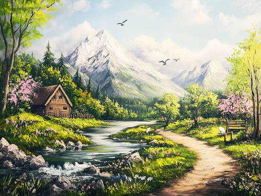 Fototapete Frühlingsmorgen am Gebirgsbach » Alpenidylle mit Hütte, Bach & Blütenpracht  Frische Frühlingsfarben  Exklusiv bei PCC FoliaConcept