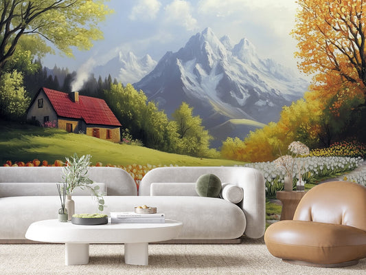 Fototapete Tulpenmeer » Bunte Tulpenfelder mit Bergblick  Frische Farben  Exklusiv bei PCC FoliaConcept