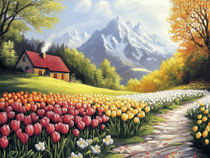 Fototapete Tulpenmeer » Bunte Tulpenfelder mit Bergblick  Frische Farben  Exklusiv bei PCC FoliaConcept