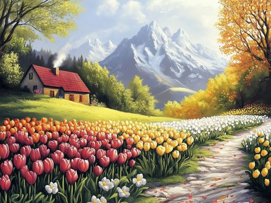 Fototapete Tulpenmeer » Bunte Tulpenfelder mit Bergblick  Frische Farben  Exklusiv bei PCC FoliaConcept