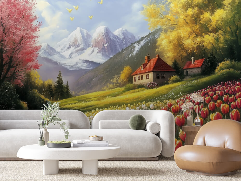 Fototapete Tulpenzauber am Alpenrand » Frühlingshafte Alpenlandschaft mit Tulpenfeldern  Romantisch & idyllisch  Nur bei PCC FoliaConcept