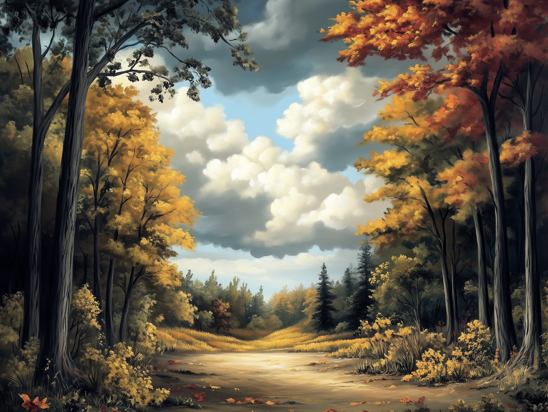 Fototapete Goldenes Schweigen » Herbstlicher Waldweg mit dramatischem Himmel  Ruhige Atmosphäre  Nur bei PCC FoliaConcept