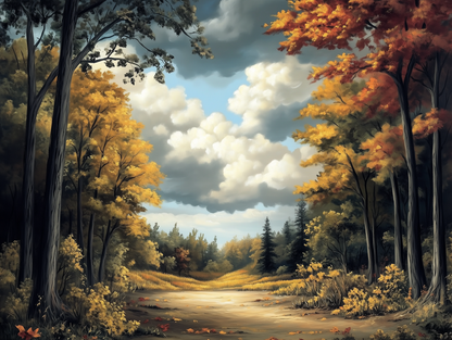 Fototapete Goldenes Schweigen » Herbstlicher Waldweg mit dramatischem Himmel  Ruhige Atmosphäre  Nur bei PCC FoliaConcept