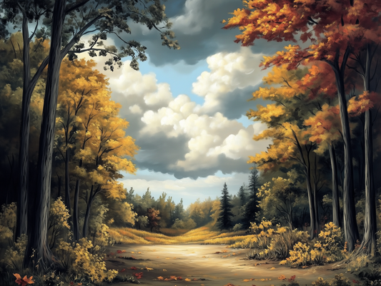 Fototapete Goldenes Schweigen » Herbstlicher Waldweg mit dramatischem Himmel  Ruhige Atmosphäre  Nur bei PCC FoliaConcept